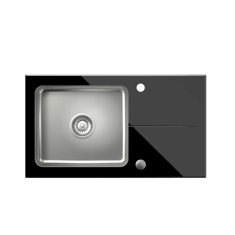 Quadri Glazz Set con Grifo de Cocina y Fregadero de Acero Inoxidable con Escurridor de Vidrio Negro - 77x44cm Reversible - 1208967734