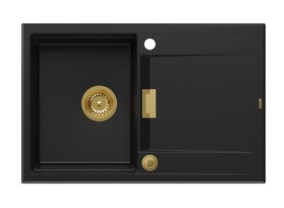Quadri Minton Fregadero de Granito Negro de 76x50cm con Escurridor Reversible y Tapón Dorado 1208967739