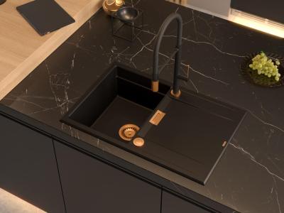 Quadri Minton Fregadero de Granito de Superficie Negra 76x50cm con Escurridor Reversible y Tapón de Cobre 1208967740