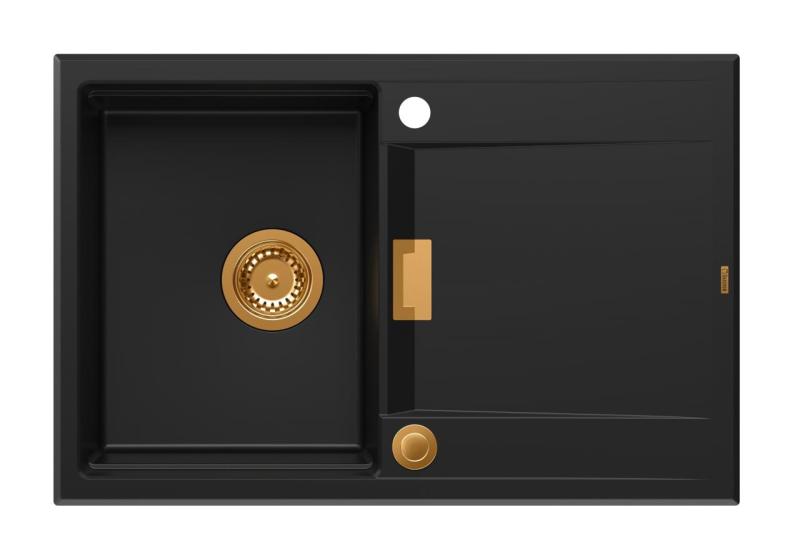 Quadri Minton Fregadero de Granito de Superficie Negra 76x50cm con Escurridor Reversible y Tapón de Cobre 1208967740