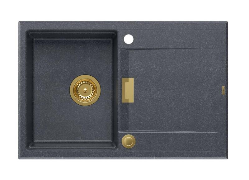 Quadri Minton Fregadero de Granito Empotrado Antracita 76x50cm con Escurridor Reversible y Tapón Dorado - 1208967745