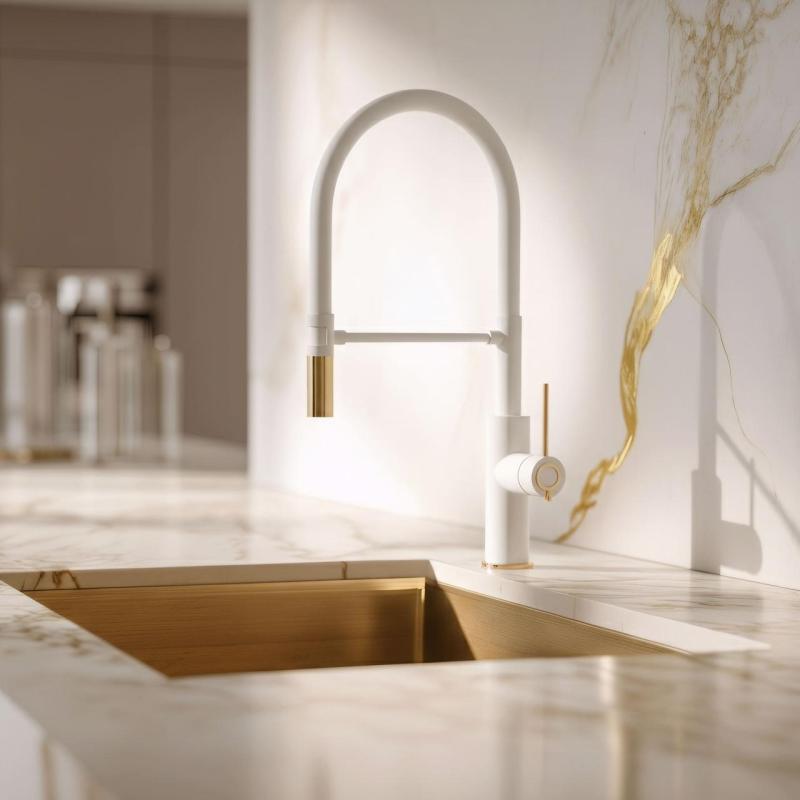 Quadri Retford Grifo de Cocina Blanco con Acabado Dorado y Salida Flexible Blanca 1208967770