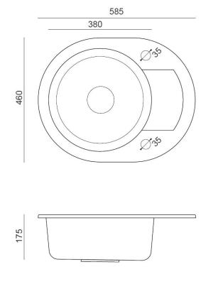 Quadri London Gray Granite Round Sink with Draining Area and Stainless Steel Plug 585x460mm Reversible - 1208967772