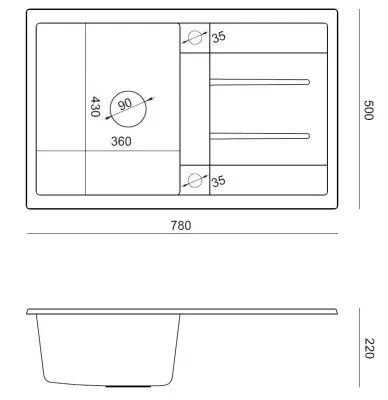 Quadri Sheffield Anthracite Granite Top-Mount Sink 78x50cm with Draining Board and Stainless Steel Plug - 1208967794