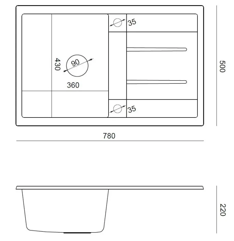Quadri Sheffield Fregadero de Granito Negro Sobre Encimera 78x50cm con Escurridor y Tapón de Acero Inoxidable - 1208967805