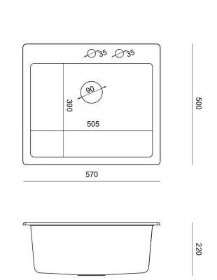 Quadri Sheffield Grey Granite Top-Mount or Flush-Mount Sink 57x50 cm with Faucet Hole Deck and Copper Plug - 1208967809