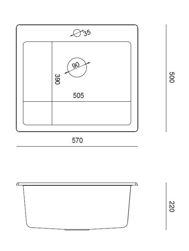 Quadri Sheffield Antracita Fregadero de Granito para Montaje en Superficie o Integrado al Ras 57x50 cm con Banco para Grifo y Tapón de Cobre - 1208967814