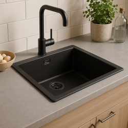GraniteMy Universal Fregadero de Granito Negro 50x40 cm para instalación superior, inferior y enrasada con tapón color Gun metal (Gris plomo) - 1208967921