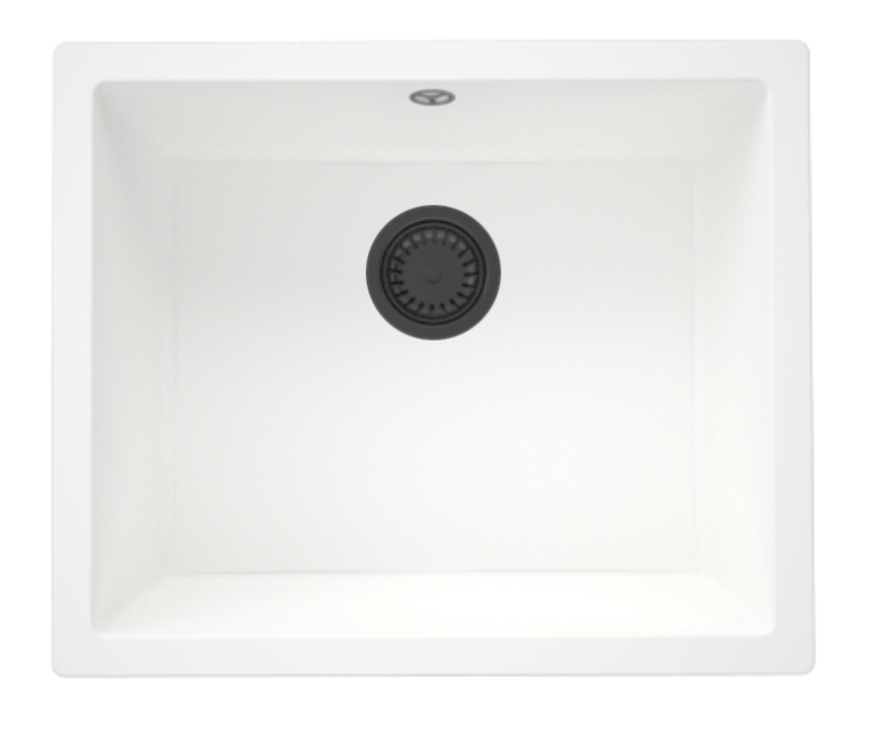 GraniteMy Fregadero Universal de Granito Blanco 50x40 cm para montaje en superficie, bajo encimera y a ras de encimera con tapón color Gun metal (Gris plomo) - 1208967925