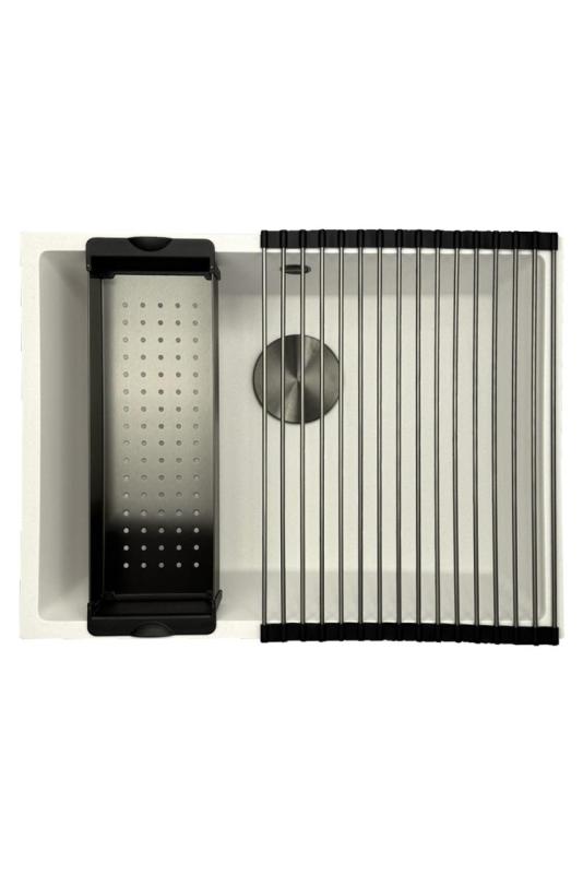 GraniteMy Universal Fregadero de Granito Blanco 55x40 cm para montaje superior, montaje inferior y montaje a ras con tapón de metal de arma- 1208967933