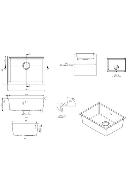 GraniteMy Universal Fregadero de Granito Blanco 55x40 cm para montaje superior, montaje inferior y montaje a ras con tapón de metal de arma- 1208967933