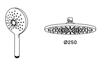 Waterevolution Flow three-way shower mixer with 250mm diameter overhead shower and round hand shower chrome T131NR2501