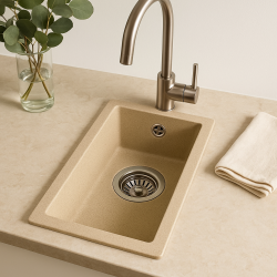 GraniteMy Universal fregadero de granito beige arena pequeño de 17x40 cm para montaje sobre encimera, bajo encimera y a ras de encimera con tapón de acero inoxidable 1208968002.