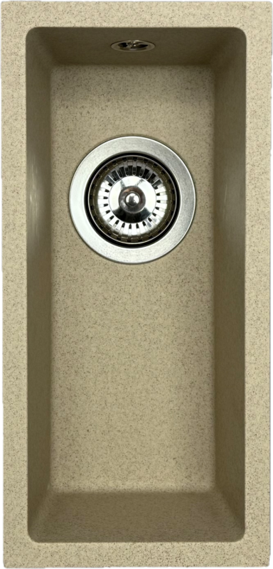 GraniteMy Universal fregadero de granito beige arena pequeño de 17x40 cm para montaje sobre encimera, bajo encimera y a ras de encimera con tapón de acero inoxidable 1208968002.