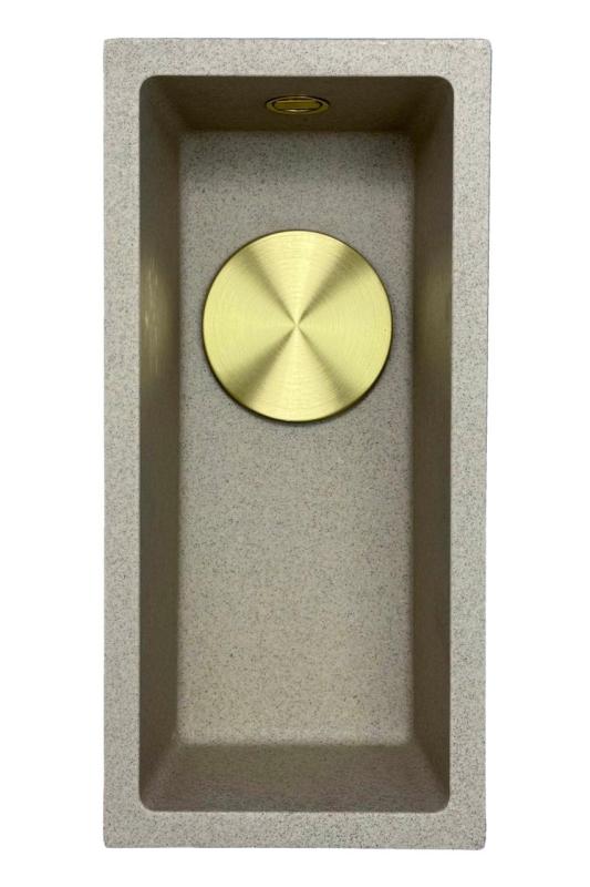 GraniteMy Universal fregadero pequeño de granito beige arena de 17x40 cm, instalación superior, inferior y a ras con tapa dorada 1208968003.