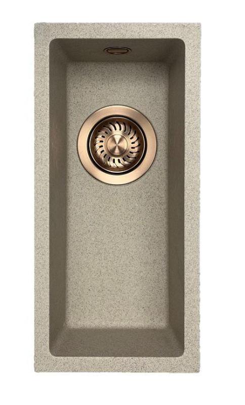GraniteMy Universal granito beige arena fregadero pequeño 17x40 cm sobre encimera, bajo encimera y empotrado con tapón de cobre 1208968004