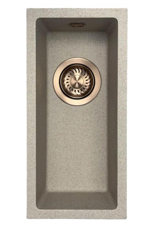 GraniteMy Universal granito beige arena fregadero pequeño 17x40 cm sobre encimera, bajo encimera y empotrado con tapón de cobre 1208968004