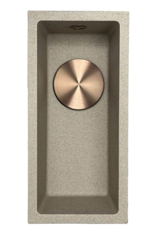 GraniteMy Universal granito beige arena fregadero pequeño 17x40 cm sobre encimera, bajo encimera y empotrado con tapón de cobre 1208968004