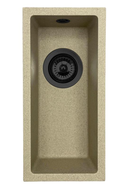 GraniteMy Universal fregadero pequeño de granito beige arena de 17x40 cm de montaje superior, montaje inferior y montaje a nivel con tapón negro 1208968005