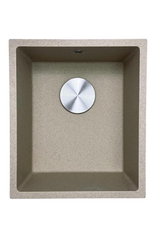 GraniteMy Universal fregadero de granito beige arena 34x40 cm para montaje superior, montaje inferior y montaje a ras con tapón de acero inoxidable 1208968007