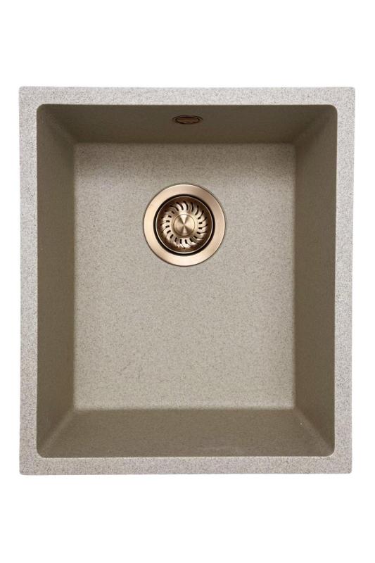 GraniteMy Fregadero universal de granito beige arena 34x40 cm para instalación sobre encimera, bajo encimera y al ras con tapón de cobre 1208968009