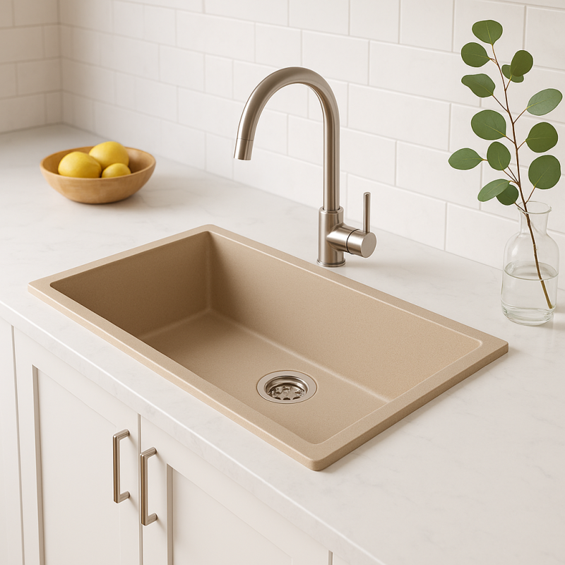 GraniteMy Fregadero universal de granito beige arena 74 x 40 cm, montaje sobre encimera, bajo encimera y empotrado, con tapón de acero inoxidable 1208968017