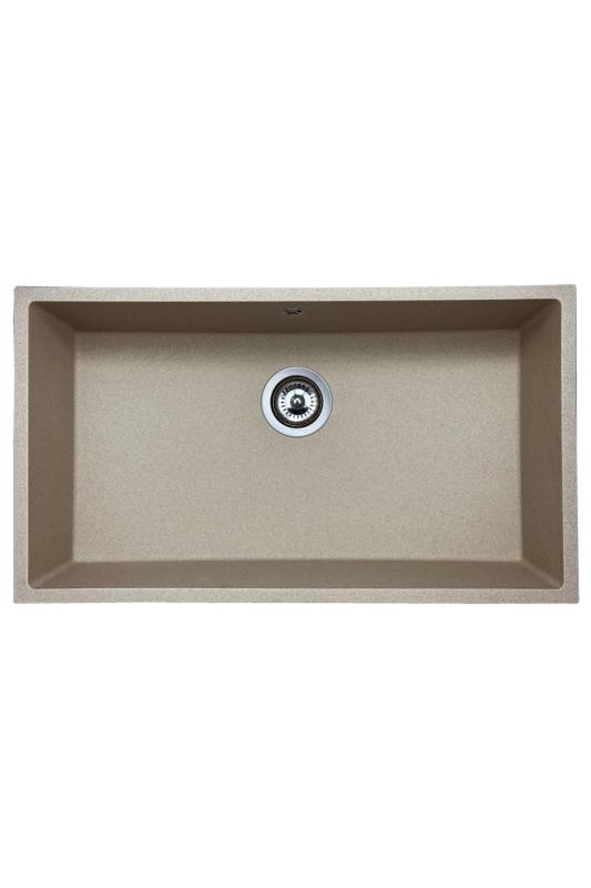 GraniteMy Fregadero universal de granito beige arena 74 x 40 cm, montaje sobre encimera, bajo encimera y empotrado, con tapón de acero inoxidable 1208968017