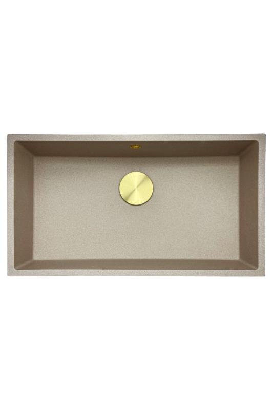 GraniteMy Fregadero universal de granito beige arena 74x40 cm para montaje superior, bajo encimera y a ras de la encimera con tapón dorado 1208968018