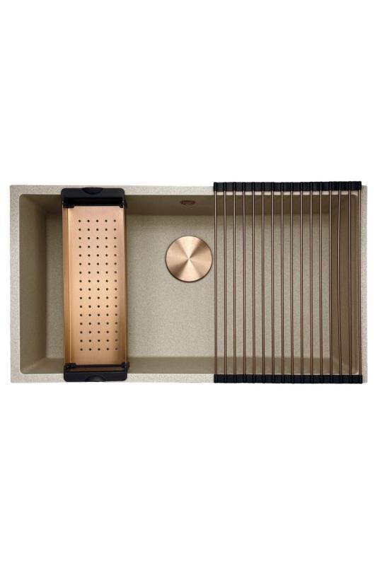 GraniteMy Fregadero universal de granito beige arena 74 x 40 cm, montaje sobre encimera, bajo encimera y empotrado, con tapón de cobre 1208968019