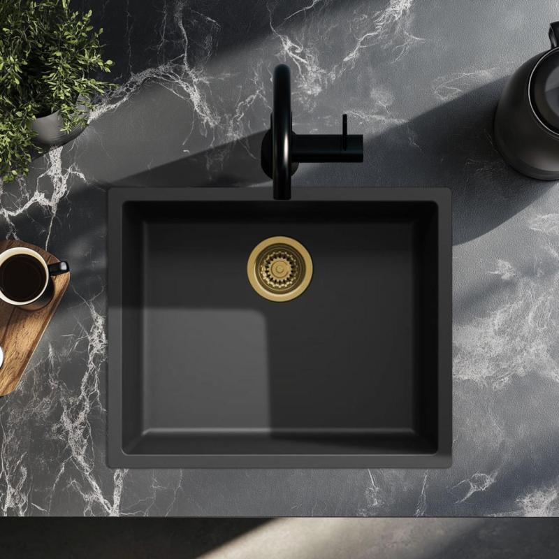 Fregadero negro de 50x40cm bajo encimera, sobre encimera y a ras de encimera con tapón dorado 1208968037