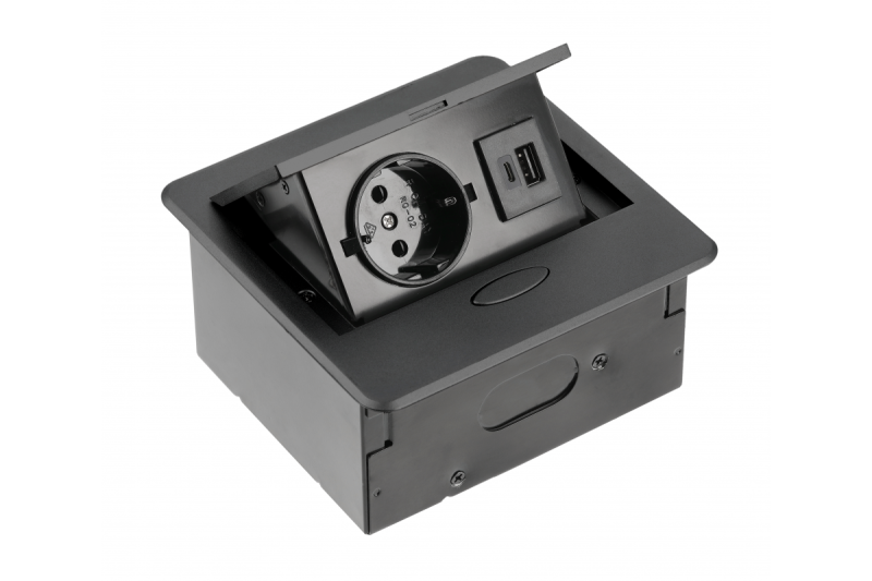 AVARO Enchufe empotrado para muebles, 1x Enchufe Schuko, USB A+C, Cable de 1.5m, Negro