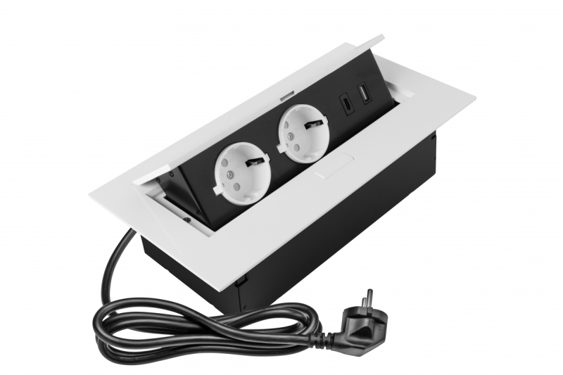 Enchufe de muebles 2x enchufe con toma de tierra, USB A+C, cable de alimentación con enchufe, blanco