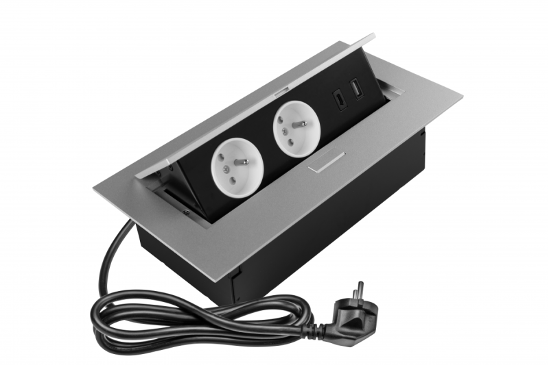 Enchufe para muebles 2x enchufe con toma de tierra, USB A+C, cable de alimentación con enchufe, alu