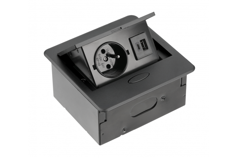 AVARO Enchufe para Muebles Empotrados, 1x Enchufe Francés, USB A+C, Cable de 1.5m, Negro