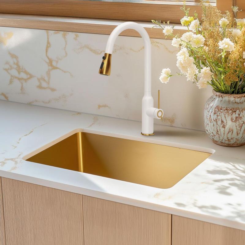 Aquadesign Zara Fregadero Dorado 54x44cm Bajo Encimera, Encimera Plana y Superficie con Tapón Dorado - 1208969512