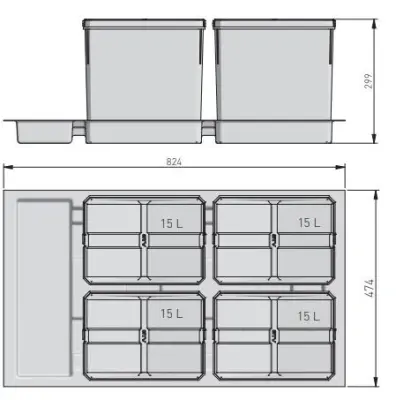 Garbi Basket B-90-T-4 Waste Sorting System for 90cm Drawer - Includes Holder and 4 x 15 Liter Waste Bins 1208969545