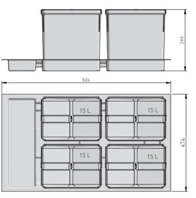 Garbi Basket B-90-T-4 Sistema de Separación de Residuos para Cajón de 90 cm - Incluye Soporte y 4 Cubos de Basura de 15 Litros 1208969545