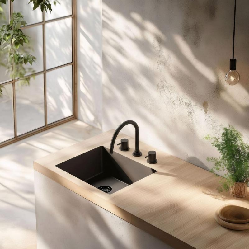 Revolución del agua Flow grifo de cocina de 3 agujeros con caño giratorio y conexión para agua filtrada negro T152UPR