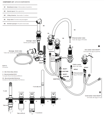 Waterevolution Flow 5-hole kitchen mixer tap with pull-out spray and filtered water connection copper T154UCPE