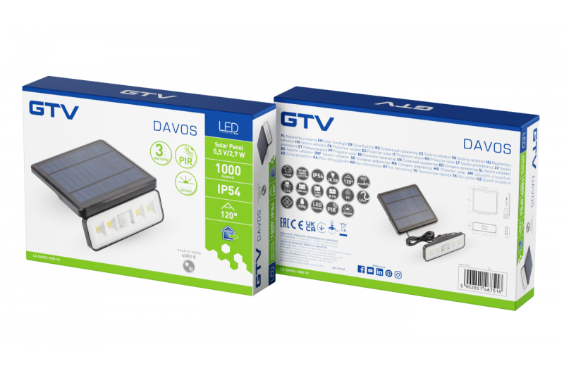 Luminaria solar con sensor de movimiento y crepúsculo DAVOS, LED, 1000lm, 4000K, 2000mAh, IP54, negro