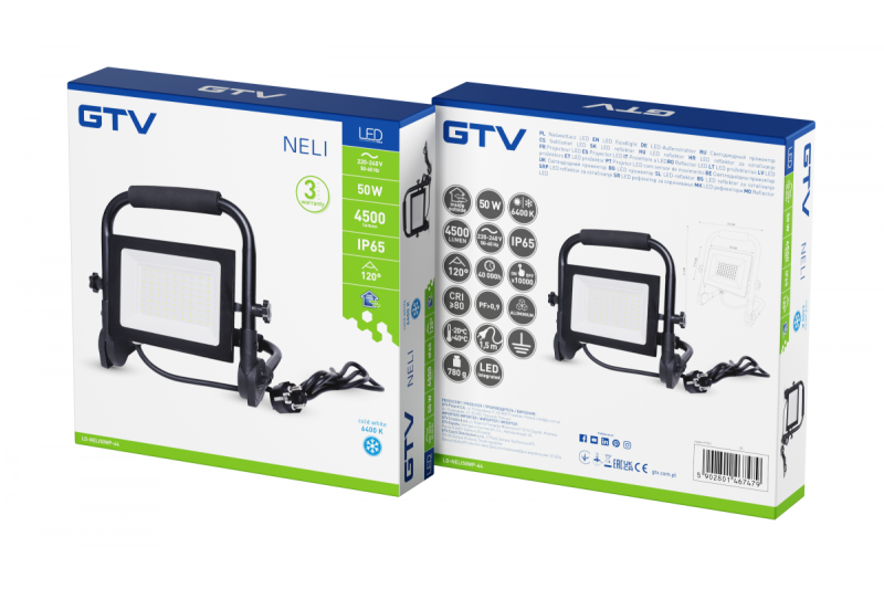 NELI Foco portátil, LED, 50W, 4500lm, 6400K, AC220-240V, IP65, cable de 1,5m