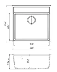 GraniteMy Bremen Fregadero de granito 53x50 cm Negro - Superficie, Subestructura e Integrado con Agujero para la Grifería y Tapón de Metal de Arma 1208969971