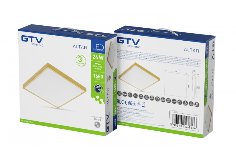 Lámpara de techo ALTAR LED, 295x295mm, 4000K, 24W, 1680lm, AC180-250V, 50/60 Hz, PF>0.5, IP44, color dorado, garantía de 3 años.