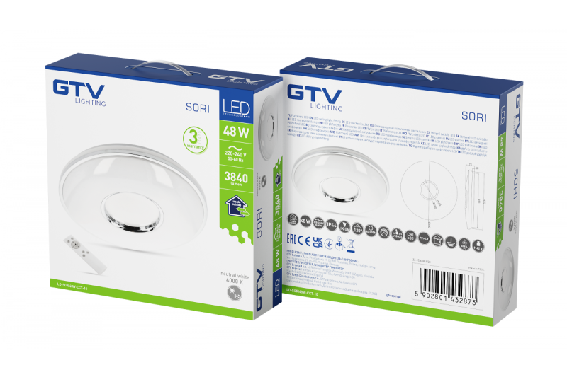 Lámpara de techo SORI LED, Ø490mm, CCT, 48W, 3840lm, AC180-250V, 50/60 Hz, PF>0,9, IP54, control remoto, blanco, 3 años de garantía.
