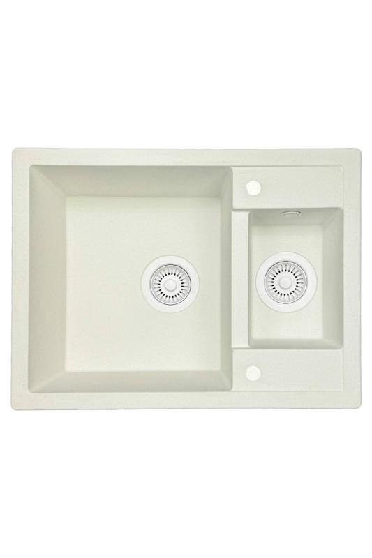 GraniteMy Smart fregadero sobre encimera de granito extra poco profundo de 1,5 senos blanco de 58x44cm con tapón y cubierta blanca 1208970052.