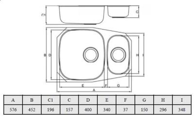 Banka Alaska Stainless Steel 1.5 Undermount Sink 524 x 400 mm 1208970064