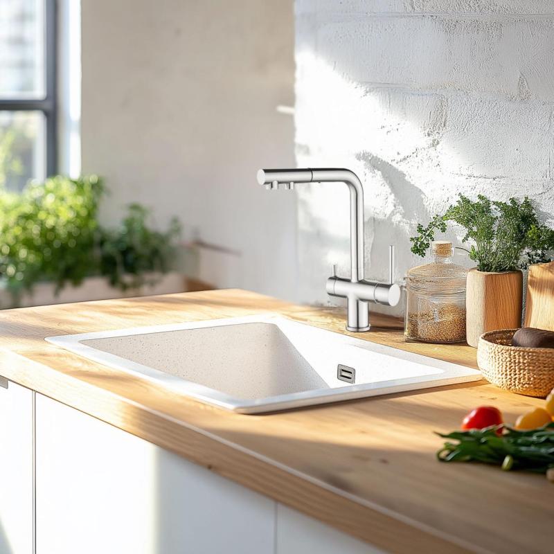 Ausmann Ellington Grifo de Cocina de 3 Vías con Caño Extraíble y Agua Filtrada – Acero Inoxidable - 1208970082