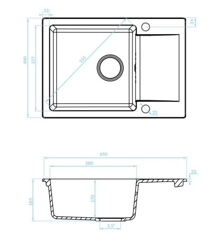 Aquadesign Kensley Fregadero de Encimera de Granito Antracita con pequeña Zona de Escurrimiento 65 x 44 cm 1208970085