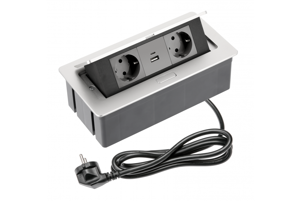 Enchufe para muebles SOFT 2x enchufe Schuko, USB A+C, cable de alimentación con enchufe, aluminio - Productafbeelding