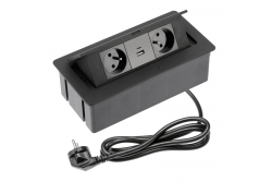Enchufe para muebles SOFT 2x con toma de tierra, USB A+C, cable de alimentación con enchufe, negro.